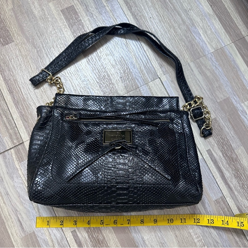 Nicole Miller Black Faux-Snake Shoulder Bag with Gold Accents - Picture 5 of 13